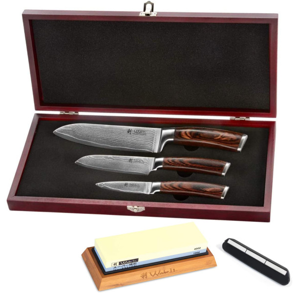 3er Damastmesser-Set | 8 - 17cm Klinge aus 67 Lagen Damaststahl | Schleifstein & Zubehör