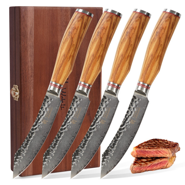 Wakoli Damast Exklusiv 4er Steakmesser-Set 12,50 cm Klingen mit Hammerschlag schwarz und Olivenholzgriffen Serie Olive HS