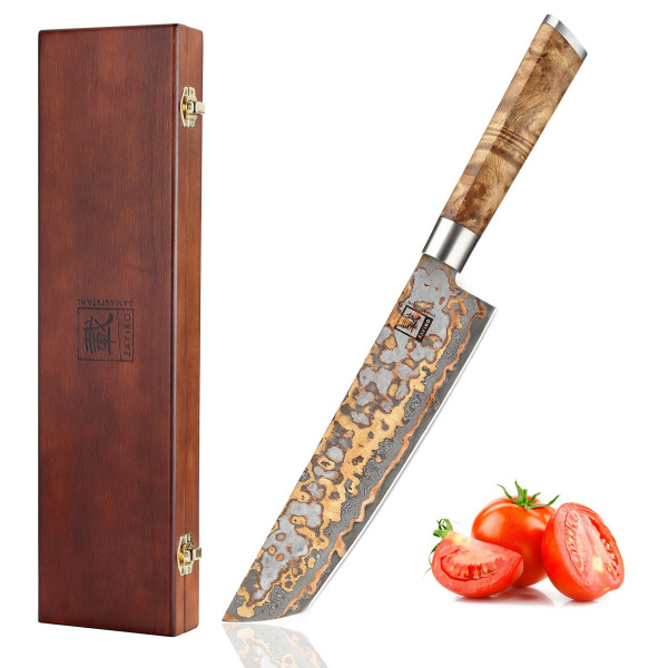 MysticMagma Tanto Chefmesser I 20,5 cm Klinge aus 67 Lagen Damaststahl mit Kupfer- und Bronze-Einlage I DualCurve Griff aus Ahornwurzelholz I Holzbox