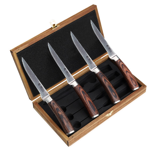 4er Damast Steakmesser Set I 12,50cm Klingen I Holzbox I Pakkaholzgriff