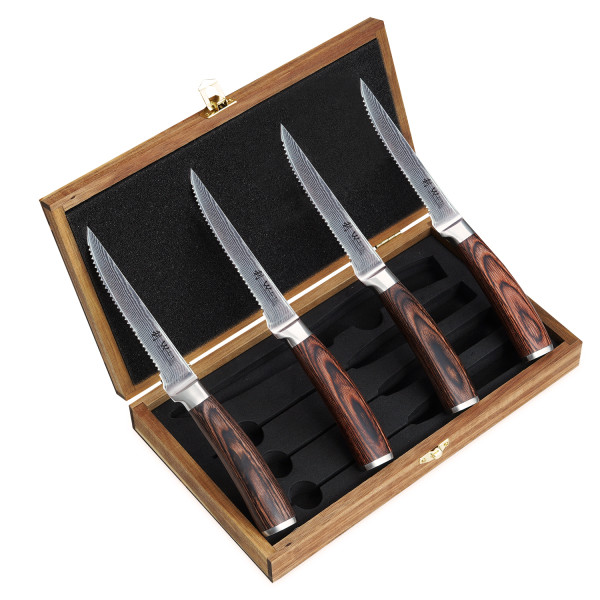 4er Damast Steakmesser Set | 12,50cm Klingen aus 67 Lagen Damaststahl | Holzbox | Pakkaholzgriff