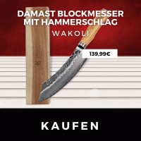  Wakoli Damast Blockmesser 20 cm Klinge mit Hammerschlag schwarz und Olivenholzgriff Serie Olive HS