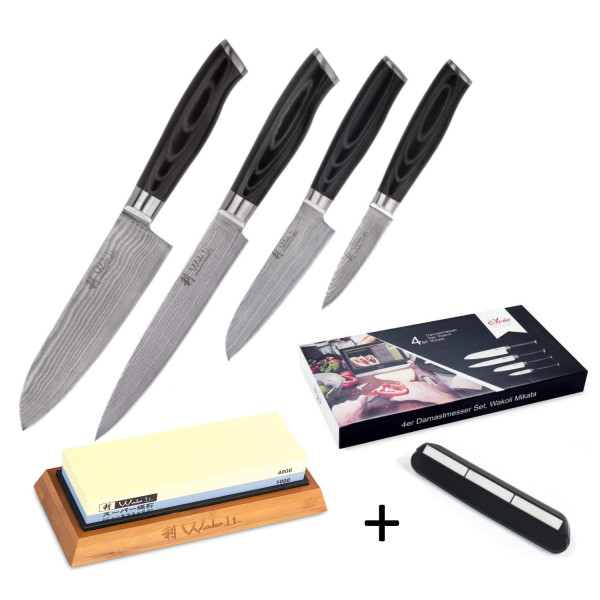 Wakoli 4er Damastmesser-Set Mikata Klingen von 8,50 bis 18,00 cm Länge mit Schleifstein Körnung #1000/4000 inkl. Schleifhilfe