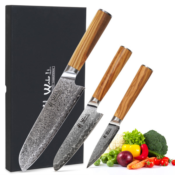 Wakoli Damast 3er Messer-Set Klingen von 9 bis 18 cm Küchenmesser aus echtem japanischen Damaststahl mit AUS-10 Kern mit Olivenholzgriff Serie Oribu