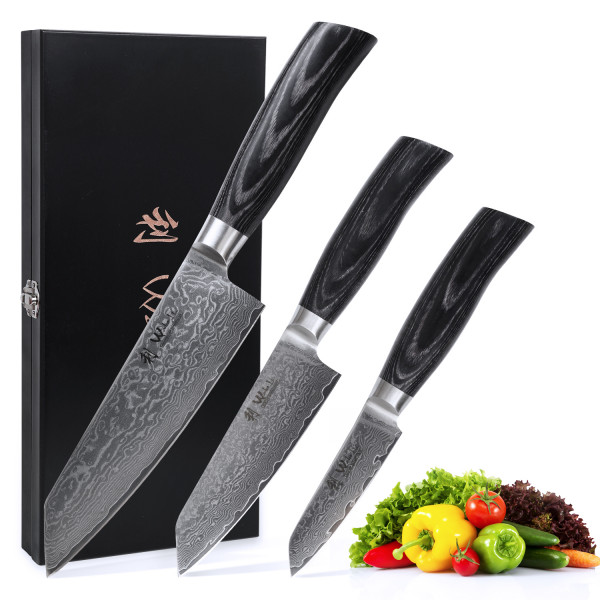 3-teiliges Premium Damastmesser-Set EDIB Pro Black | Kiritsuke Messer, Kleines Kiritsuke und Mukimono | Hochwertiger japanischer Damaststahl | Klingenlängen 8-17cm