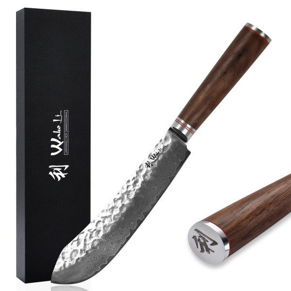 Wakoli Nussbaum Damast BBQ Blockmesser I 20 cm Klinge I Nussbaumholzgriff
