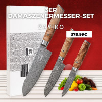  Zayiko 3er Damaszenermesser-Set Klingen von 8 cm bis 17 cm Wurzelholzgriffe Birke Serie Kinone 