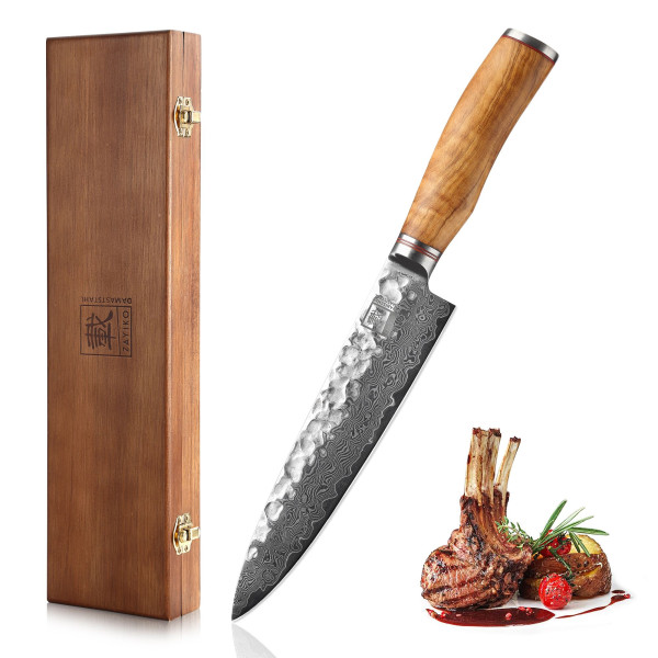 Guyto Chefmesser I 20 cm Klinge aus 67 Lagen Damaststahl I Olivenholzgriff I Holzbox