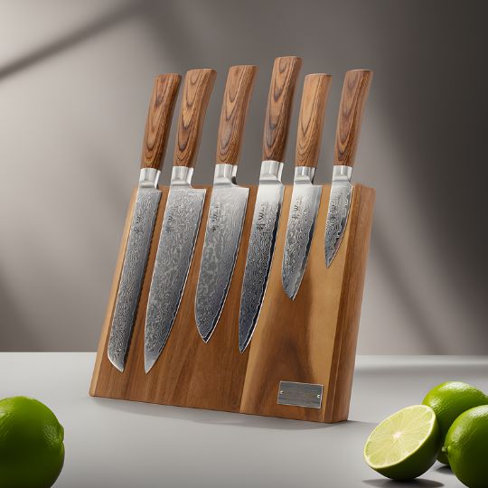  Wakoli Edib Pro 6er Damastmesser-Set mit magnetischem Messerbrett aus Akazienholz 