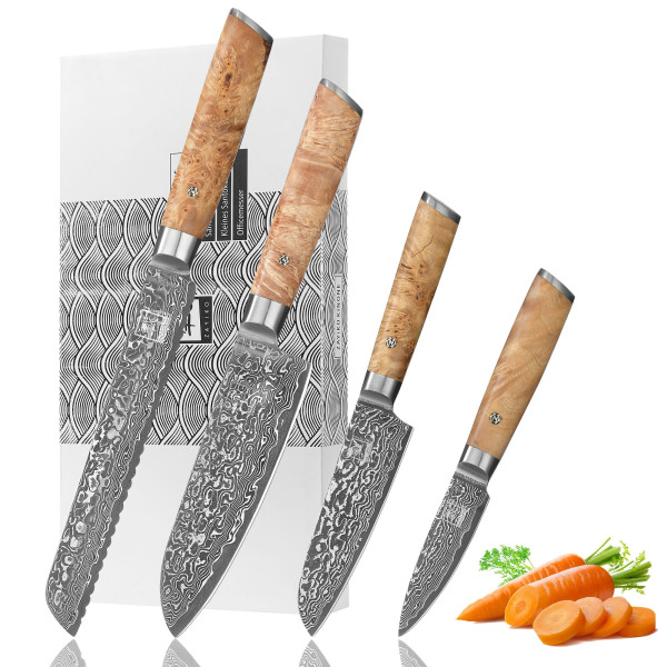 4er Damastmesser-Set I 8-20 cm Klinge aus 67 Lagen Damaststahl I Wurzelholzgriffe Birke