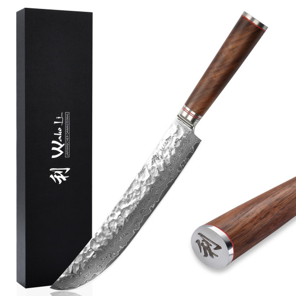 Wakoli Nussbaum Damast Premium Tranchier- & Fleischmesser I 25 cm Klinge I Nussbaumholzgriff