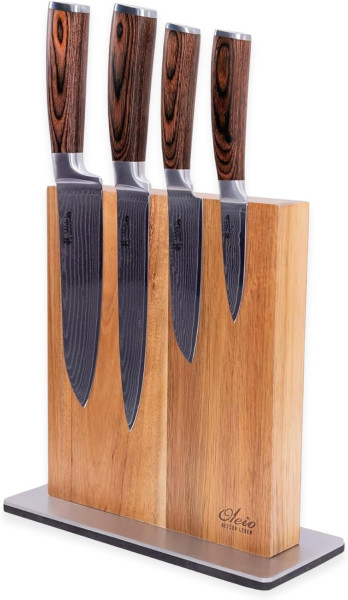 4er Damastmesser-Set in Holzbox | 8 - 18cm Klinge aus 67 Lagen Damaststahl | Pakkaholz mit Messerblock