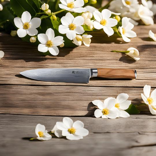 Wakoli Oliven Damast Chefmesser, Klingenlänge 20,00 cm - sehr hochwertiges Profi Messer mit Olivenholzgriff