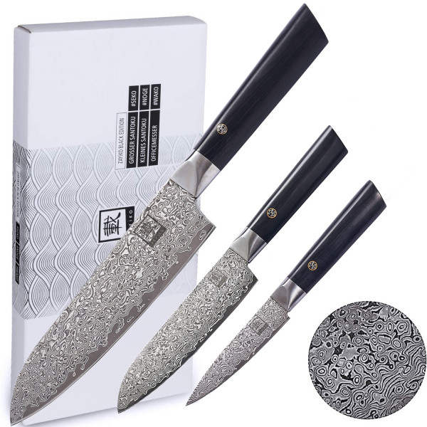 Zayiko 3er Damastmesser-Set Black Edition - Profi Messer-Set mit Pakkaholzgriffen und schwarzen Damastklingen