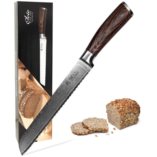 Damast Brotmesser | 20 cm Klinge aus 67 Lagen Damaststahl | Pakkaholzgriff