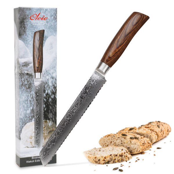 Brotmesser mit Wellenschliff I 20 cm Klinge aus 67 Lagen Damaststahl I Pakkaholzgriff