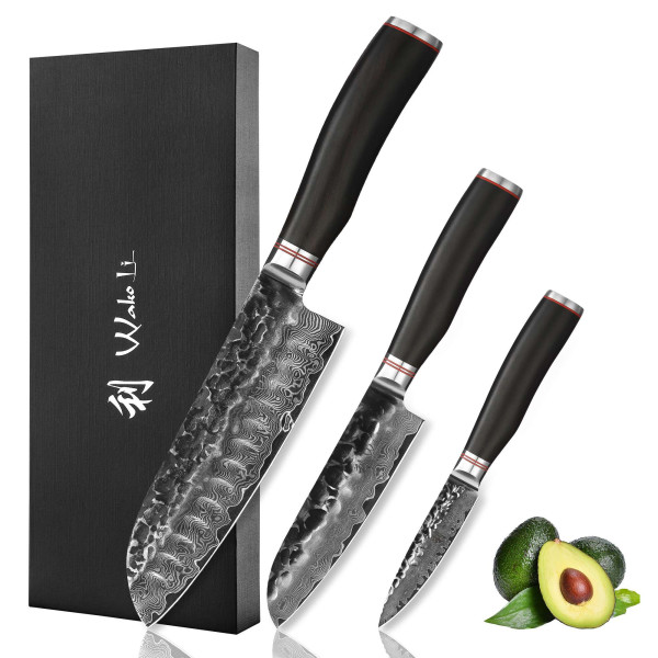 Wakoli Ebo 3er Damastmesser Set mit 9-18cm Klingen mit Hammerschlag gefertigt aus 67 Lagen echtem Damaststahl mit schwarzem Eichenholzgriff I Premium Damast Küchenmesserset
