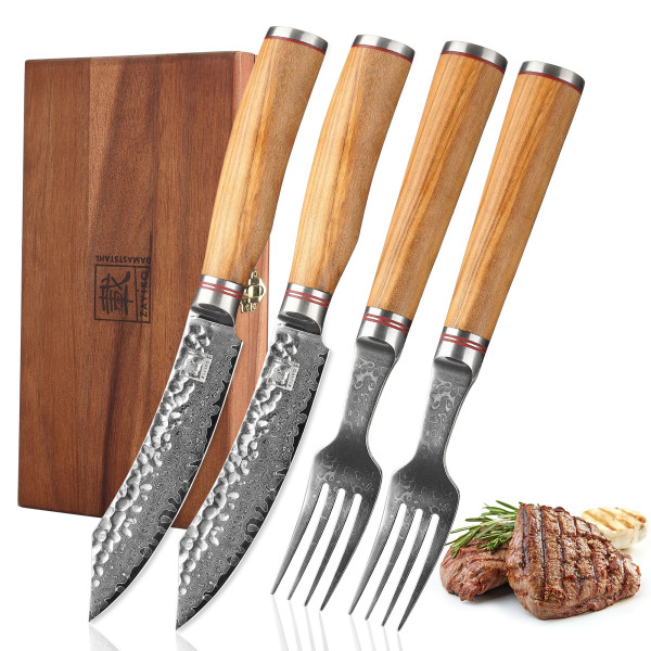 2er Steakbesteck-Set I 12 cm Klinge aus 67 Lagen Damaststahl I Olivenholzgriff I Holzbox