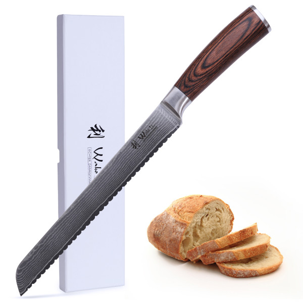 Damast Brotmesser lang | 23 cm Klinge aus 67 Lagen Damaststahl I Pakkaholzgriff