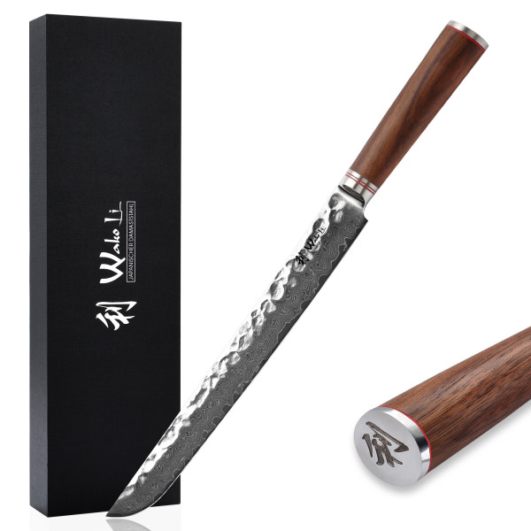 Wakoli Damast Fleischmesser - Klinge 27,50 cm Länge - extra scharfes Profi Küchenmesser mit Damastklinge und Nussbaum Griff, Kochmesser, Serie Wakoli Nussbaum