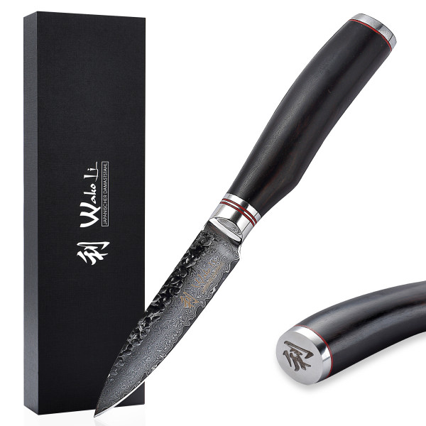 Wakoli EBO Damast Officemesser I 9 cm Klinge mit Hammerschlag I schwarzer Eichenholzgriff