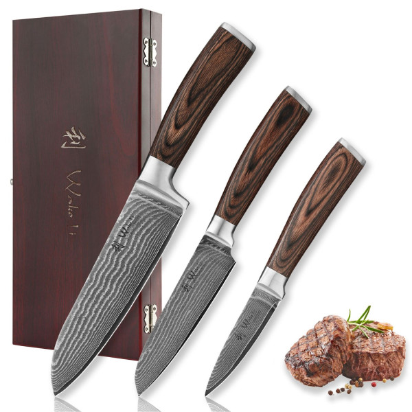 3er Damastmesser-Set in Holzbox | 8 - 17cm Klinge aus 67 Lagen Damaststahl | Pakkaholzgriff