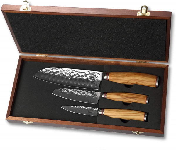 Zayiko 3er Damastmesser-Set - hochwertige Profi Messer mit Olivenholzgriffen