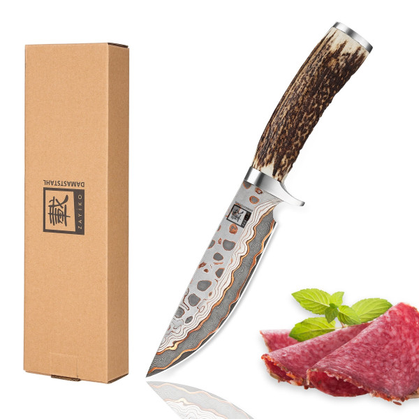 zayiko WildForge Jagdmesser mit 15 cm Klinge aus 67 Lagen Kupfer-Bronze-Damaststahl und edlem Hirschhorngriff I Handgefertigtes Outdoor Messer mit Lederscheide I Premium Jagd- und Küchenmesser