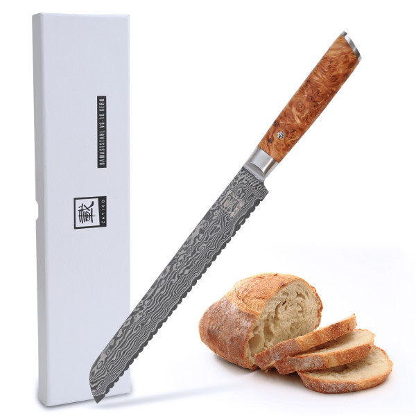 Zayiko Damast langes Brotmesser mit Wellenschliff Klinge 23 cm mit Wurzelholzgriff Birke Serie Kinone