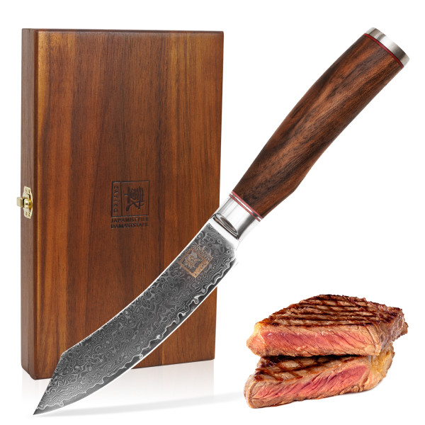 4er Steakmesser-Set I 12 cm Klingen aus 67 Lagen Damaststahl I Nussbaumgriffe I Holzbox