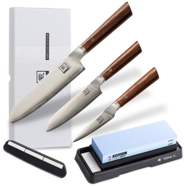 Zayiko 3er Damastmesser Set inkl. Schleifstein Körnung #1000/6000 mit Schleifhilfe, Klingen von 8,70 bis 17,70 cm Länge, japanischer Damaststahl, Pakkaholzgriff braun Zayiko Kasshoku