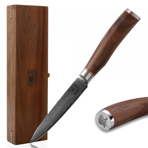 Zayiko Damastmesser Allzweckmesser 12,50 cm Klinge aus echtem Damaststahl mit Nussbaumgriff mit Holzbox Serie Kurumi