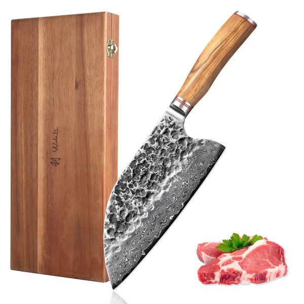 Kochmesser Chai Dao I 20 cm Klinge aus 67 Lagen Damaststahl I Olivenholzgriff und Hammerschlag