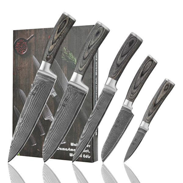 5er Damastmesserset I 8-20 cm Klingen aus 67 Lagen Damaststahl I Pakkaholzgriffe