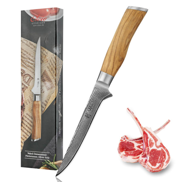 Damast Filetiermesser | 14,50 cm Klinge aus 67 Lagen Damaststahl I Olivenholzgriff