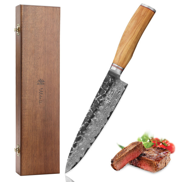 Chefmesser I 20 cm Klinge aus 67 Lagen Damaststahl I Olivenholzgriff und Hammerschlag