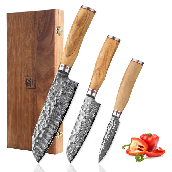 3er Messer-Set I 9-17 cm Klingen aus 67 Lagen Damaststahl I Olivenholzgriffe I Holzbox