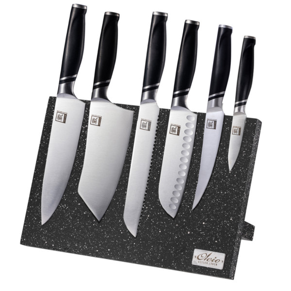 Zayiko 6er Messer-Set der NAMI Serie mit ABS Griffen – Inklusive Magnetischem Messerbrett (Messerblock) in dunkler Marmoroptik – Perfekt für die moderne Küche
