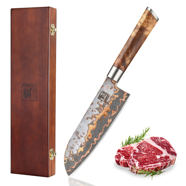 MysticMagma Santoku I 17,50 cm Klinge aus 67 Lagen Damaststahl mit Kupfer- und Bronze-Einlage I DualCurve Griff aus Ahornwurzelholz I Holzbox
