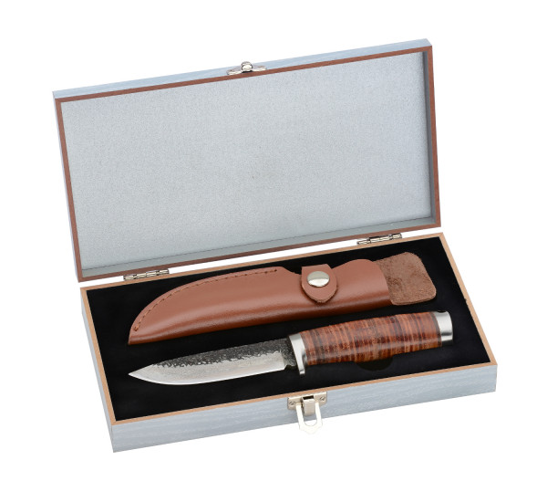 Ganli Handfertiges Gürtelmesser, Jagdmesser mit 10 cm Klinge Damaszenerstahl mit Ledergriff Outdoor-Messer, Sammlerstück