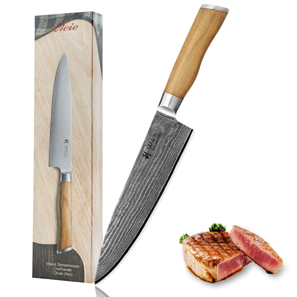 Damast Chefmesser | 20,00 cm Klinge aus 67 Lagen Damaststahl I Olivenholzgriff
