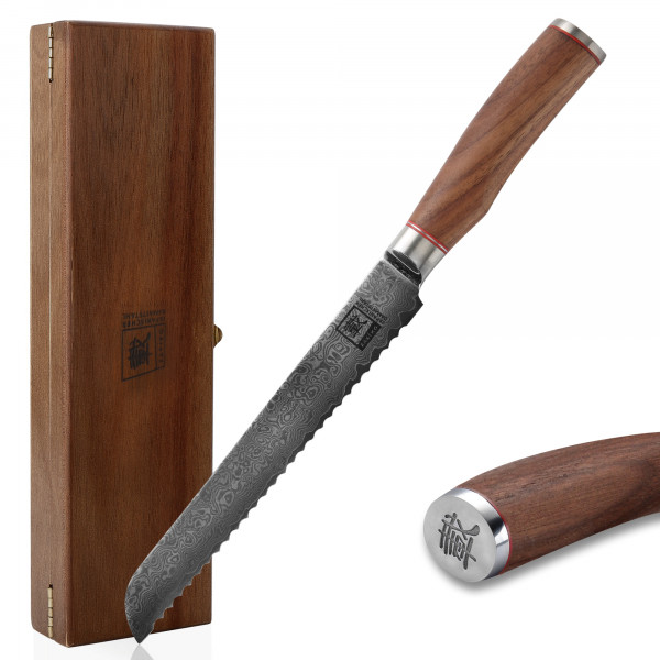 Zayiko Damastmesser Brotmesser 20 cm Klinge aus echtem Damaststahl mit Nussbaumgriff mit Holzbox Serie Kurumi