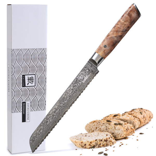 Brotmesser mit Wellenschliff I 20 cm Klinge aus 67 Lagen Damaststahl I Wurzelholzgriff Birke