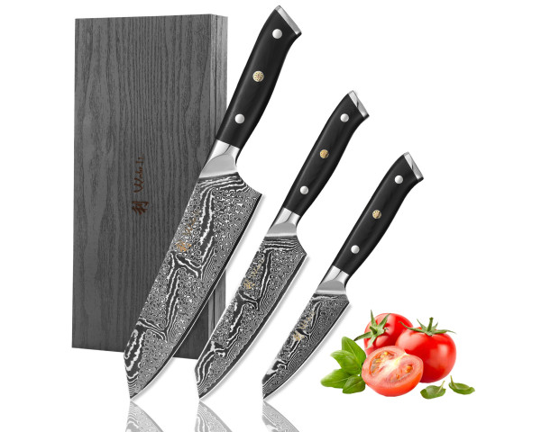 3er Kiritsuke Damastmesser-Set - Profi Damast-Küchenmesser Set aus echtem 67 Lagen Damaststahl mit G10 Griffen, Full tang