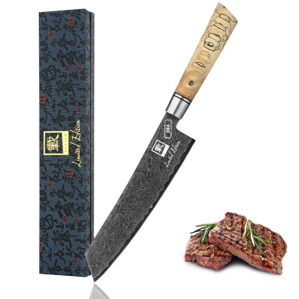 Zayiko Limited Edition Damast Chefmesser 21 cm Klinge mit Ahornholzgriff I Black Meteor Serie