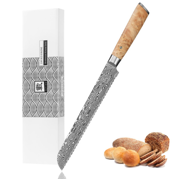 Langes Brotmesser I 23 cm Klinge aus 67 Lagen Damaststahl I Wurzelholzgriff Birke