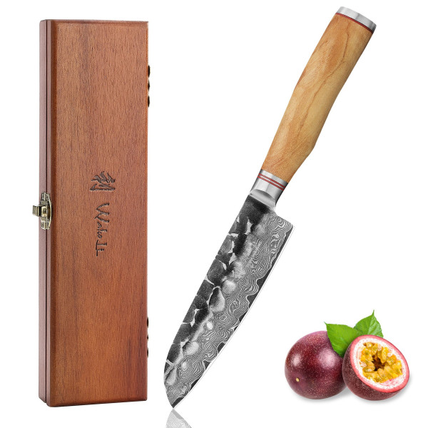 Kleines Santokumesser I 13 cm Klinge aus 67 Lagen Damaststahl I Olivenholzgriff und Hammerschlag