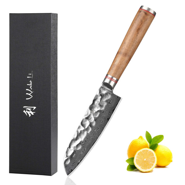 Wakoli Nussbaum Damast Kleines Santokumesser I 12 cm Klinge I Nussbaumholzgriff