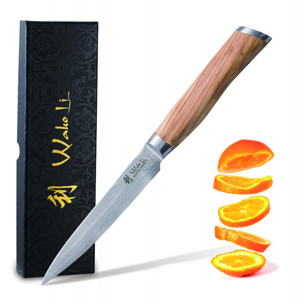 Wakoli Damast Allzweckmesser, Klingenlänge 12,50 cm - sehr hochwertiges Profi Messer mit Olivenholzgriff
