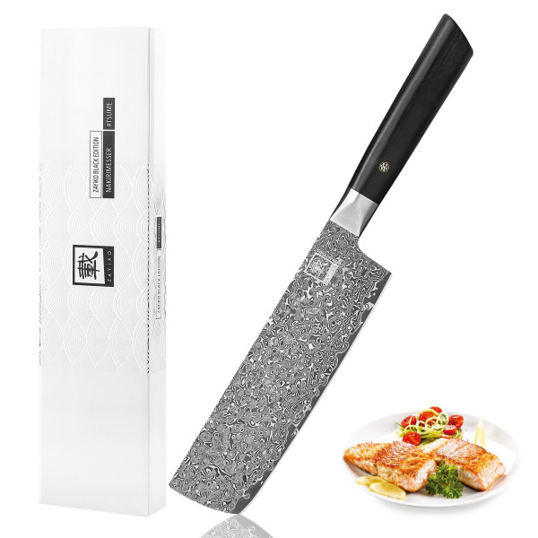 Nakiri Messer I 18,5 cm Klinge aus 67 Lagen dunklem Damaststahl I Pakkaholzgriff